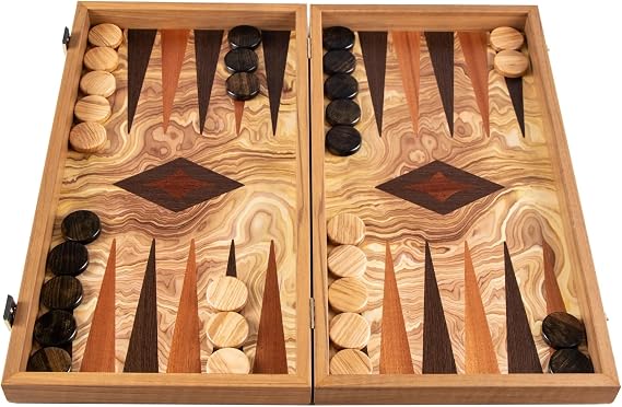 Luxury Manopoulos Olive Burl Backgammon Set, Olive Wood Checkers - Premium Set Handmade in Greece by Experts