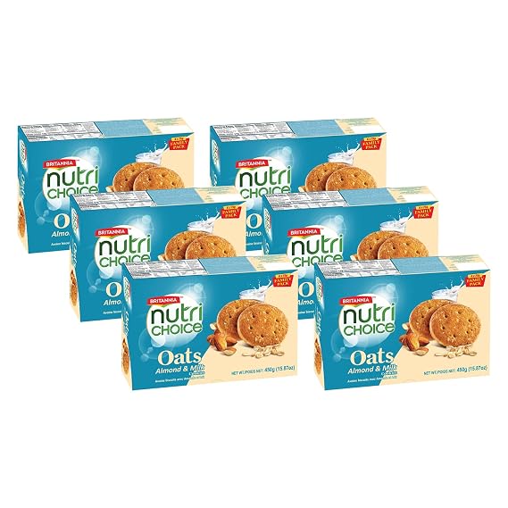 Britannia NutriChoice Oats Almond Milk 15.87oz (450g) - Crispy, Crunchy Tea Moments - Breakfast & Tea Time Snacks (Pack of 6)