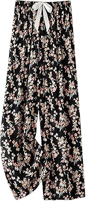Lastesso Palazzo Pants for Women Fashion Floral Print Summer Lounge Trousers Bow-Knot High Waist Elastic Waistband Pants