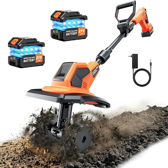 Cordless Electric Garden Tiller Cultivator, 6000mAh Battery Powered Tiller, Lightweight Rototiller for Gardening, 9.5In Tilling Width & 7In Depth, Cultivators for Gardening/Weeding/Soil Cultivation