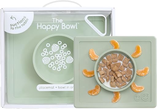 ezpz Happy Bowl - 24 Months + (Sage) - 100% Silicone Suction Bowl with Built-in Placemat Dishwasher Safe