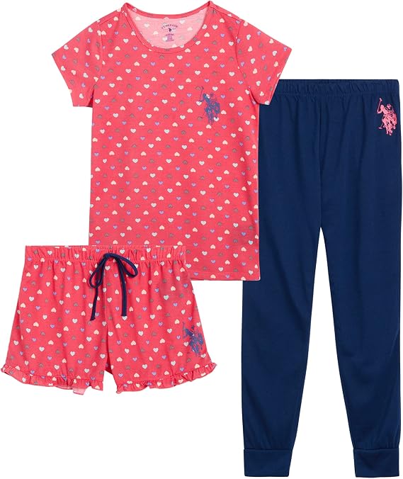 U.S. Polo Assn. Girls' Pajama Set - 3-Piece Short Sleeve T-Shirt, Sleep Shorts, and Joggers (Big Girl)
