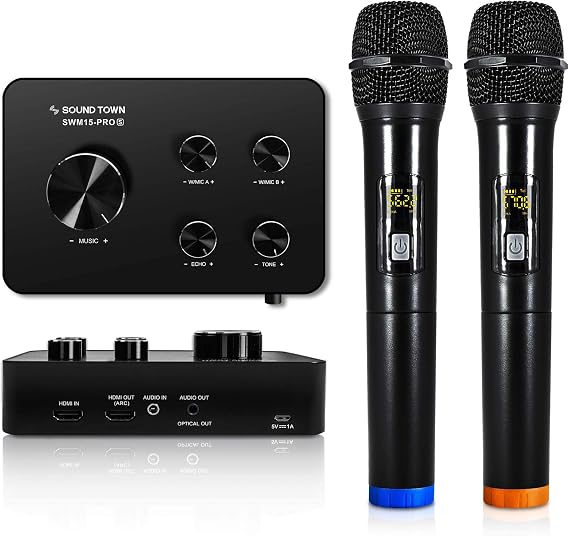 Sound Town Wireless Microphone Karaoke Mixer System, Supports HDMI ARC, Optical (Toslink), Smart TV, Media Box, PC, Bluetooth, Soundbar, Receiver, AUX (SWM15-PROS)