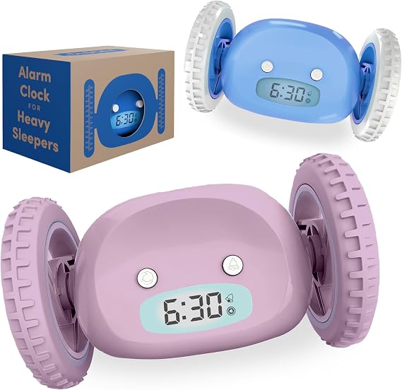 CLOCKY Loud Rolling Alarm Clock on Wheels (Blue and Lavender)