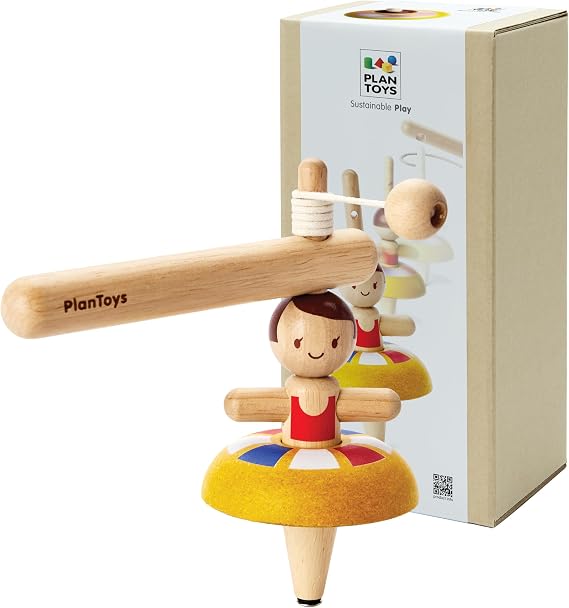 PlanToys Wooden Ballet Spinning Top Montessori Pull String Kids Toy Set | pull cord action, spinning motion, cause and effect toys, girls, boys, fine motor coordination learning gift toddler for kids