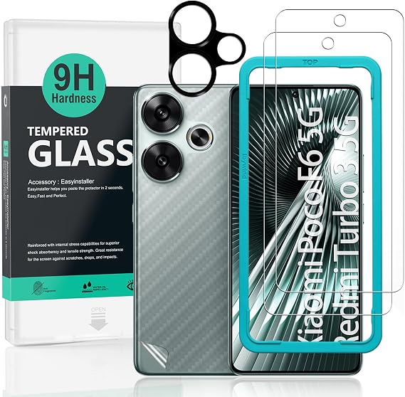 Ibywind 2 Pieces Screen Protector for Xiaomi Poco F6 5G/Redmi Turbo 3 5G 6.67 inch+1 Piece Camera Protector+1 Piece Carbon Fiber Back Protector, 9H Hardness Tempered Glass, Easy to Install