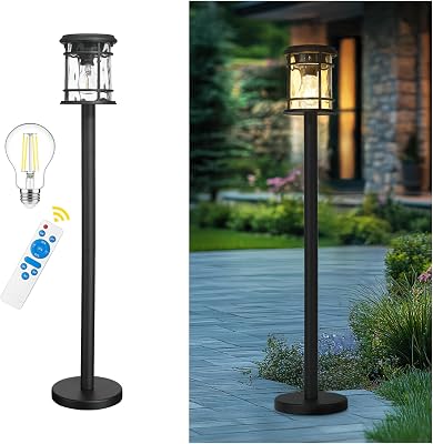 Emliviar Solar LED Outdoor Floor Lamp Waterproof IP43, Auto OnOff Portable Deck Pole Light Fixture, Exterior Black Post Lantern with Water Ripple Glass, XE229PL-S-ML SL BK