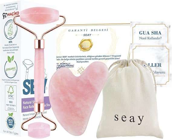Seay Pembe Kuvars Roller Pembe Quartz Kalp Guasha Yüz Masaj Aleti Keseli Masaj Seti Doğal Taş