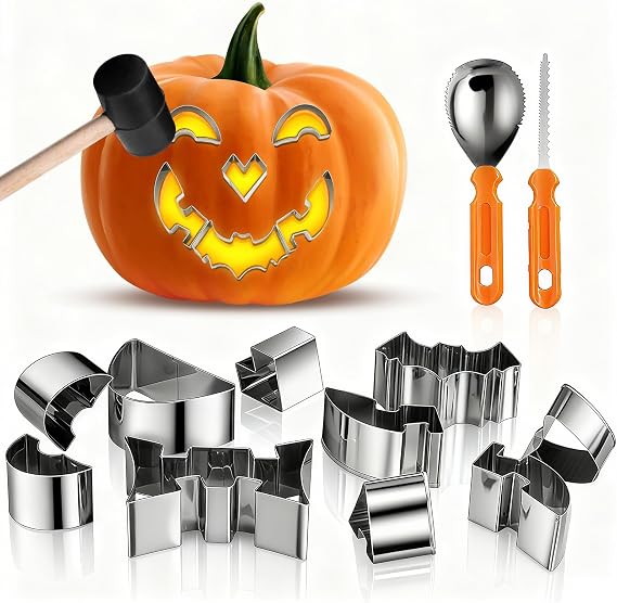 choxila Pumpkin Carving Kit, 13-Pack Halloween Pumpkin Carving Stencils Metal with Hammer, Premium Stainless Steel Pumpkin Knife Tools for Halloween Decoration