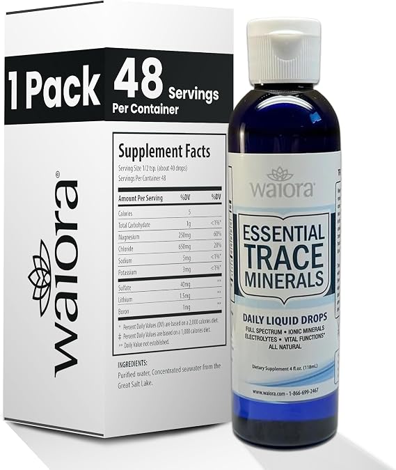 Waiora Essential Trace Minerals | Help Replenish Lost/Depleted Mineral | 60+ Ionic Trace Minerals | Support Bodys Vital Functions, pH Balance | Plus Electrolytes for Hydration (1 Bott / 48 serv)
