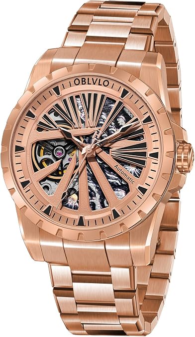 OBLVLO Men's Automatic Watch, Blue Skeleton Dial, Stainless Steel Band, Silver