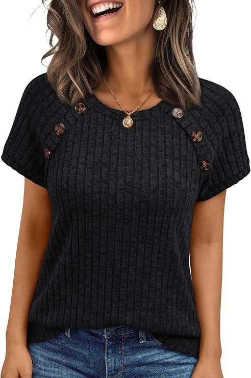 AUTOMET Women's Short Sleeve Decorative Buttons Shirts | Business Casual Tops,Breathable Dressy Sweaters & Trendy Spring Blouses for Work, Office & Professional Wear