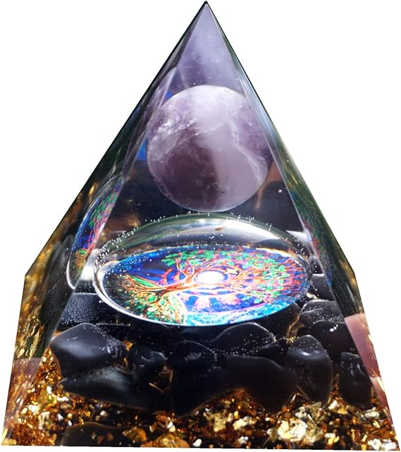 Orgonite Pyramid for Positive Energy Chakra Orgone with Crystal Healing Stones Attract Wealth Wisdom Meditation Gift (Amethyst - Obsidian)