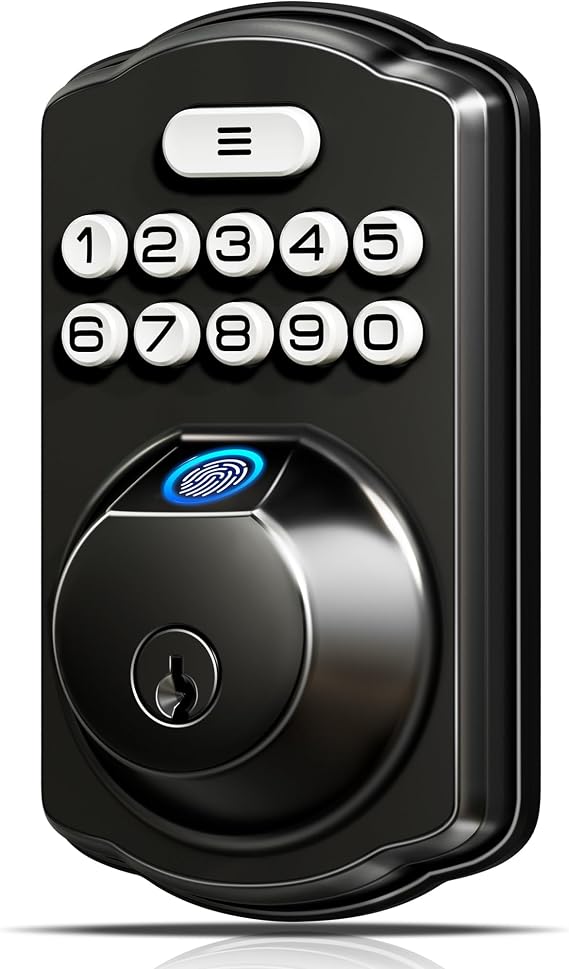 Veise KS02A Fingerprint Door Lock, Keypad Deadbolt, Matte Black | Keyless Entry, AI Fingerprint, 20 Codes, Auto Lock, Anti-Peeping Code, IP54 Waterproof, Electronic Deadbolt for Front Door
