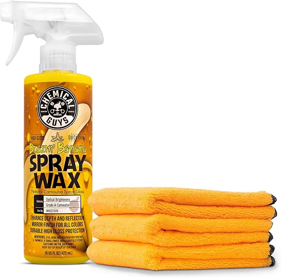 Chemical Guys WAC21516 Banana Spray (' Wax Natural Carnauba Gloss), 16 fl. oz, 1 Packwith MIC_506_03 Professional Grade Premium Microfiber Towels, Gold 16" x 16", Pack of 3