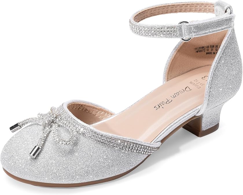 DREAM PAIRS Flower Girls Dress Shoes Low Heels | Sparkling Glittering Rhinestones Bowknot Party Wedding Princess Girl Ankle Strap Pumps