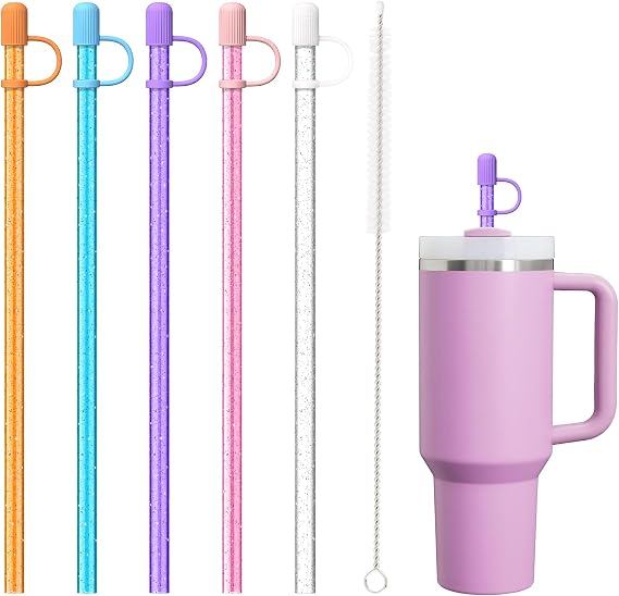 5 Straws with Cover Caps for Stanley 40 oz 30 oz 64 oz Cup Tumbler, Color Glitter Reusable Straws with Cleaning Brush, Stopper, Topper for Stanley and other brand's Tumbler Accessories