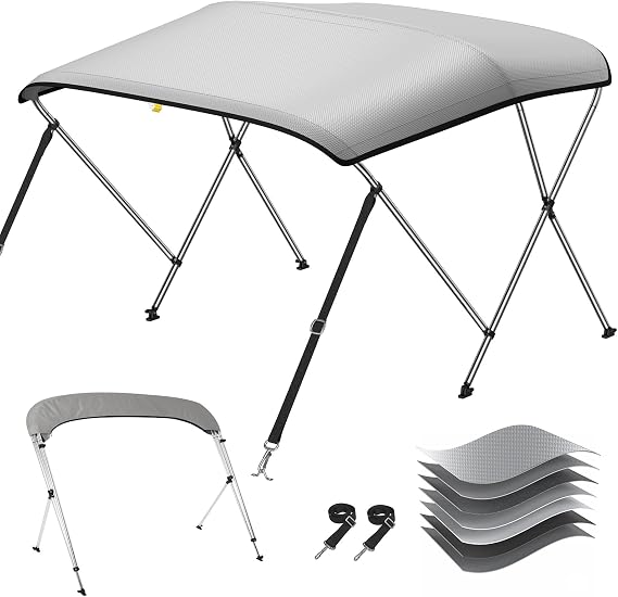 KAKIT Bimini Tops for Boats 1200D (3 Bow 6'L x 46" H x 54"-60" W,Grey) | Heavy Duty 7 Layers,Anti-UV,Waterproof,Support Poles,2 Straps,Zippered Storage Boot,1 Inch Aluminum Frame,Marine Oxford