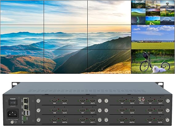 12x12 Seamless HDMI Matrix Switch Video Wall Controller 3x4 4K30Hz, 12 in 12 Out Multi-Viewer Video Switcher Processor with Web GUI, Audio Extraction, Scene Overlay, Partitioning, Zooming, Stretch