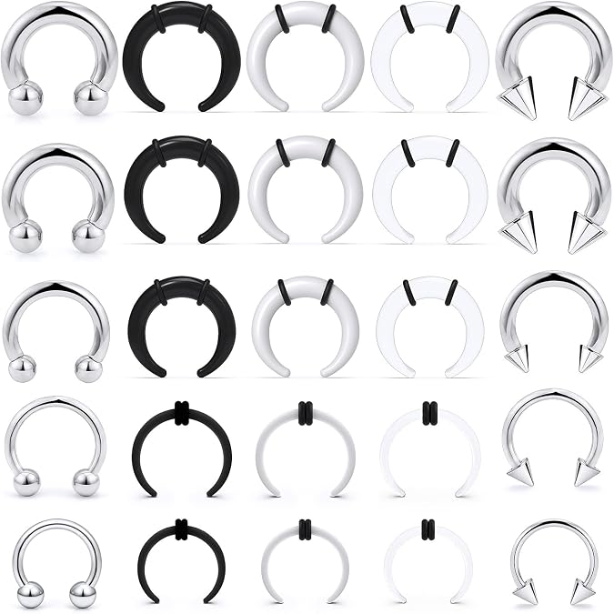 Septum Pincher Tapers 14G 12G 8G 6G 4G Large Septum Rings Internally Threaded Spike Horseshoe Barbell Stainless Steel & Acrylic C Shape Buffalo Stretcher Expander Septum Stretching Kit