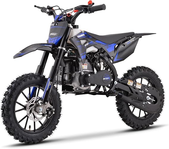 ThunderX Mini Dirt Bike, 50CC 2-Stroke Kids Dirt Bike, EPA Approved Gas Powered with Front Fork and Rear Mono Shock, Up to 25 Mph, Weight Support Up to 150 LBS (Blue)