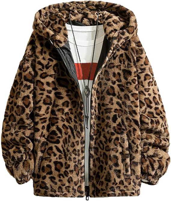 Men Leopard Warm Zip Up Faux Fur Men Hoodie Jacket Hooded Outerwear Coat Overcoat