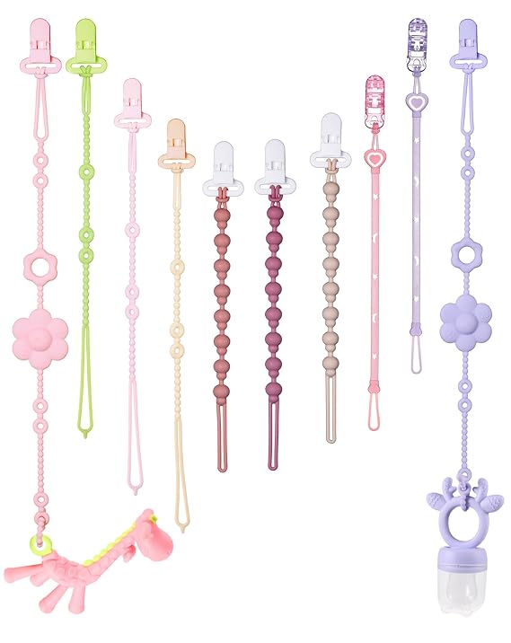 Pacifier Clip & Toy Strap 2-in-1 Combo, 8 Binky Clips, 2 Toy Tethers