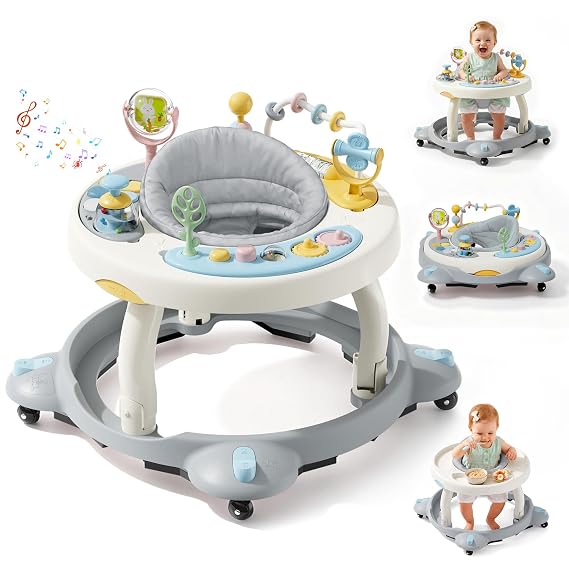 Baby Walker with Wheels,3-in-1 Foldable Infant Walker for Baby 6-12 Months,360 Rotating Seat with Activity Center,Baby Walker for Boys Girls with Musical Toys(Grey)