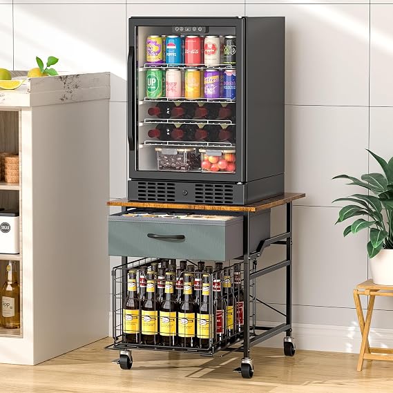 Mini Fridge Stand, Heavy-Duty End Table Fridge Table with Storage, Small Refrigerator Stand with Rolling Wheels for Dorm, Kitchen,Pantry