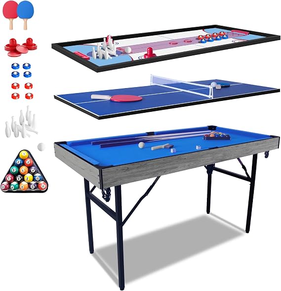 5 in-1 Multi Game Table, 54 Pool Table Combine with Ping Pong Table, Bowling, Shuffleboard, Hockey, Combo Game Set for Family Night