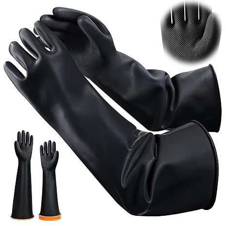 22" Long Rubber Gloves Heavy Duty Rubber Gloves Chemical Resistant Gloves Cleaning Drain PPE Safety Gloves Latex Waterproof Work Gloves Resist Strong Acid, Alkali and Oil, Non-Slip, 1 Pair