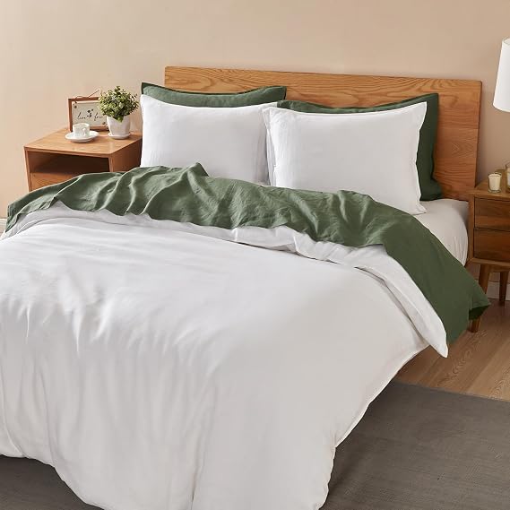 DAPU Pure Linen Bedding Bundle White&Olive