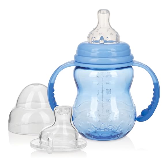 Nuby 3 in 1 Baby Bottle to Training Sippy Cup - 8 oz - Spill-Proof Toddler Sippy Cups with Easy Grip Handles - Dishwasher Safe - 3+ Months - Blue