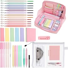 34 Pcs Aesthetic Filled Pencil Case with Stationery Included, Large Pencil Case Set, Pink Stationery for Elementary Secondary College Back to School Supplies