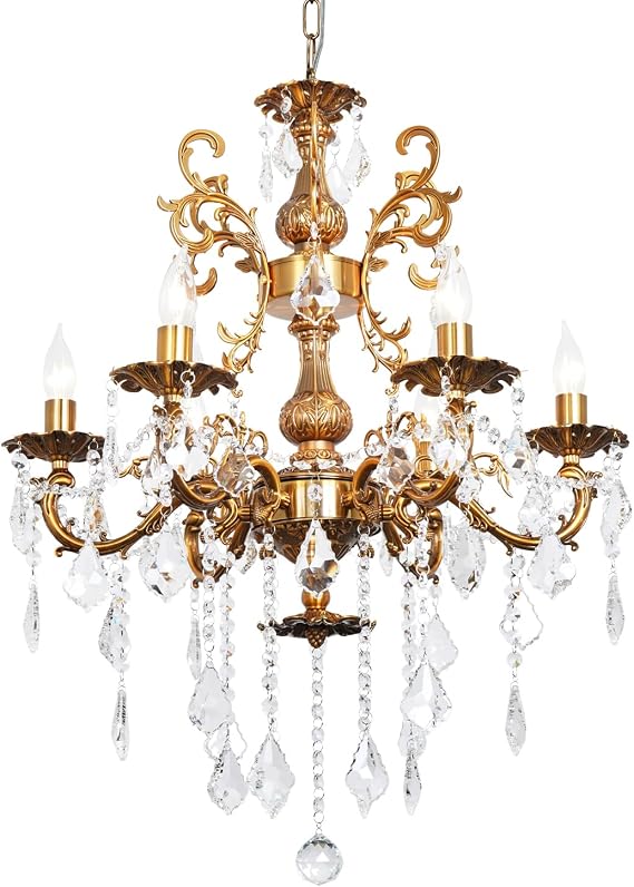 Crystal Chandelier Lighting Modern, Antique Gold Farmhouse Chandeliers 6-Light Crystal Candle Chandelier Ceiling Hanging Light Fixture Dining Room Entrance 23"
