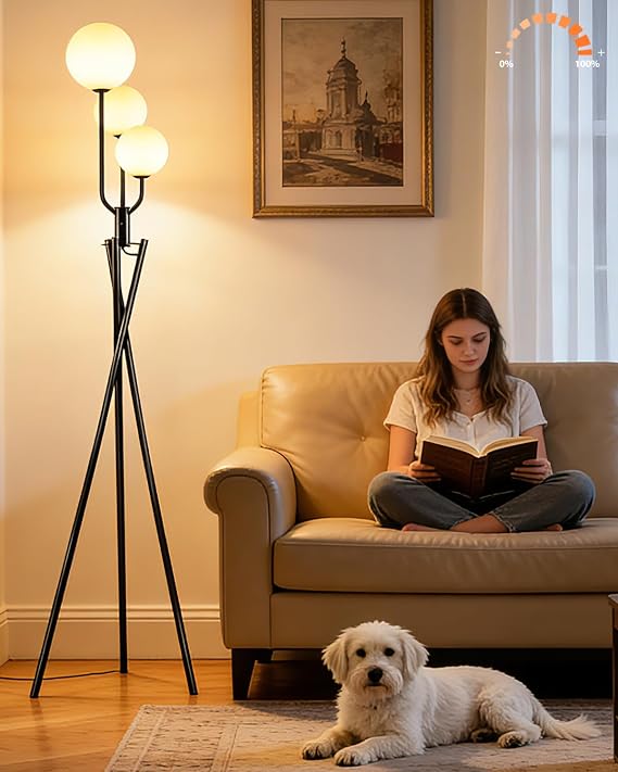 Lightdot Black Tripod Floor Lamp 3 Pole Vintage Standing Lamps with Stable Base& 3Pcs Globe 3000K Warmwhite Bulbs Included Mid Century Modern Floor Lamp for Living Room/Sofa Beside/Corner Decor