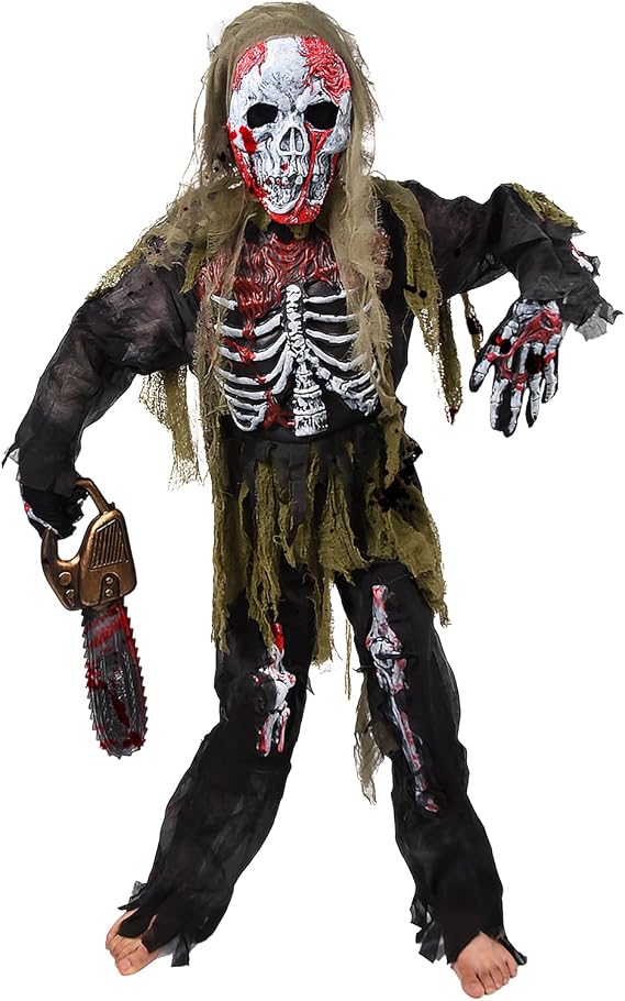JONRRYIN Zombie Costume Kids, Scary Halloween Skeleton Zombie Costume Set Kids Living Dead Zombie Costume With Chainsaw Toys