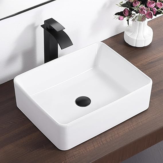 Modern Porcelain Above Counter White Ceramic Bathroom Vessel Sink,Art Basin Wash Basin for Lavatory Vanity Cabinet (48.5X37.5X14CM)