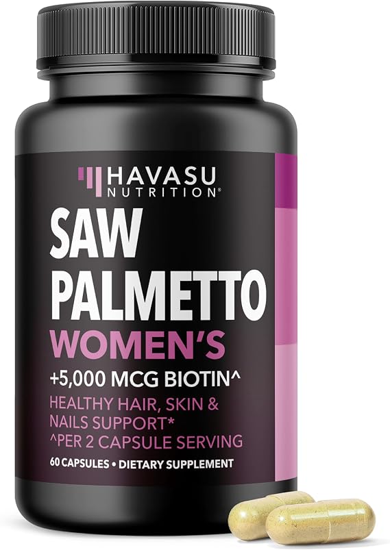 Saw Palmetto for Women with Bitoin 5000mcg Per Serving, 30-Day Supply | Vegan, Non-GMO DHT Blocker for Women for Hair, Skin and Nails, Saw Palmetto Extract with Biotin for Thicker Looking Hair
