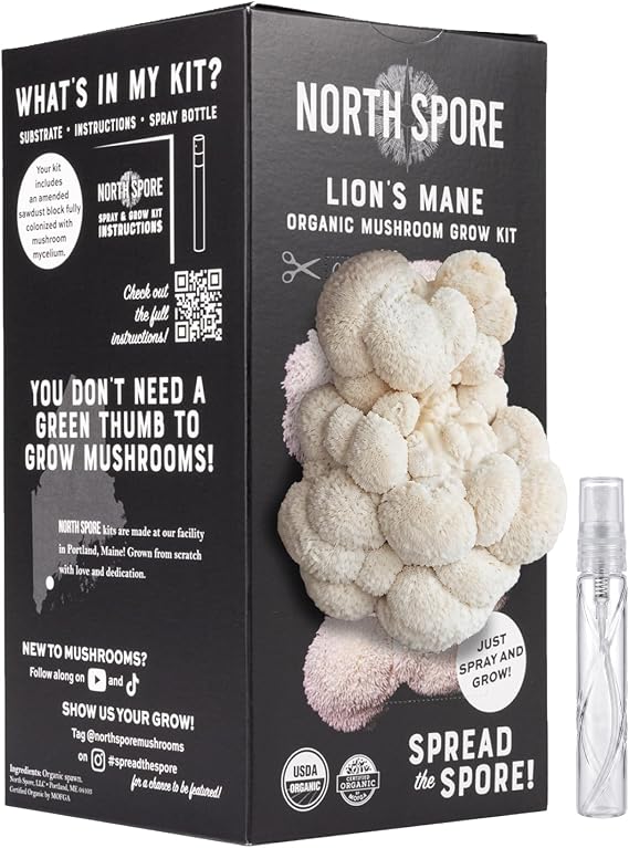 North Spore Organic Lion's Mane Mushroom Grow Kit, 4 lbs | Beginner-friendly Mushroom Spray & Grow Kit, USDA-Certified Organic, Harvest in 14-21 Days, Non-GMO, Handmade in Maine, USA