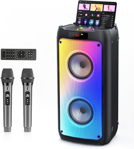 JYX Karaoke Machine with 2 Wireless Microphones | Portable Bluetooth 5.3 Speaker with TWS, PA System, Subwoofer, Disco Lights | Support SD Card, USB, AUX, REC, EQ, Remote | for Home/Gathering/Party