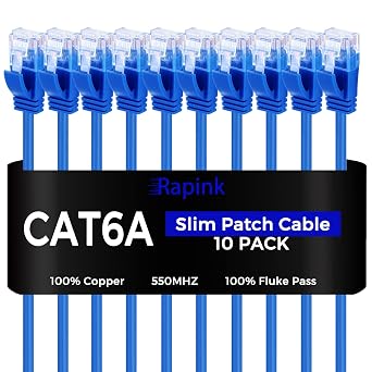 Rapink Patch Cables Cat6a 0.5ft 10 Pack Slim, Cat6a Ethernet Patch Cable 10G Support, Snagless Cat 6 Patch Cable for Patch Panel to Switch, Flexiable Cat 6a Ethernet Cable with Gold Plated