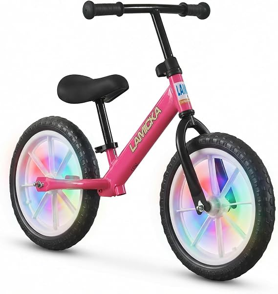 LSLIFE 12/14 Inch Balance Bike with LED Lights for Kids Toddlers Training Bicycle for 2-6 Years Old Boys Girls Baby First No Pedal Bike with Parking Stand Adjustable Handlebar/Seat
