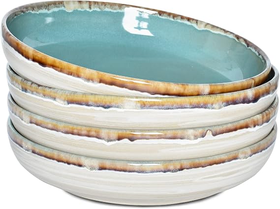 Bosmarlin Stoneware Large Pasta Bowls, 40 Oz, Set of 4, Big Salad Bowls, Microwave and Dishwasher Safe (Turquoise Green, 9.3 in)