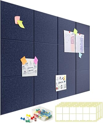 Large Cork Board for Walls - 12 Packs Bulletin Board,48x36 Cork Board Felt Wall Tiles for Home, School & Office Decor Pin Board,Cork Felt Board DIY Vision Board -Dark Blue