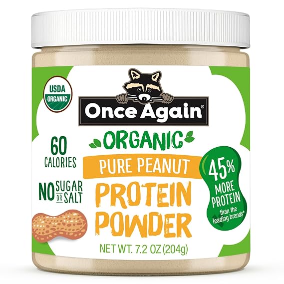 Once Again Pure Peanut Butter Powder - 11g Plant Protein, No Sugar or Salt Organic Peanut Butter Protein Powder - 60 Calories, Non-GMO, Vegan, Gluten-Free Certified - 7.2 Ounces
