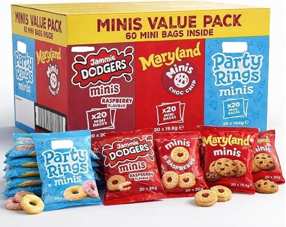 FOX Mini Biscuit Variety Pack 60 Count – Jammie Dodgers, Maryland Cookies & Party Rings Minis – Individually Wrapped Biscuit Snack Packs for Lunchboxes, Parties & Sharing