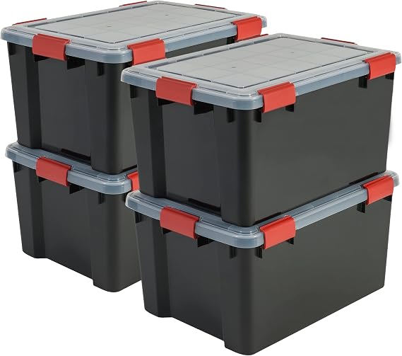 Iris Ohyama, Box, plastic organizer, set of 4, 50 l, stackable, clip handle, garage, pantry, attic - Air Tight Box AT-L - black