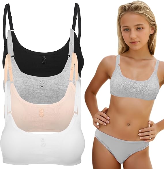 4 Pcs Girls Cotton Sports Bras Removable Pads Training Bras 10-16 Years | Training Bras for Girls, Underwear with Support, Teen Sports Bra, Adjustable Shoulder Strap, Removable Pads
