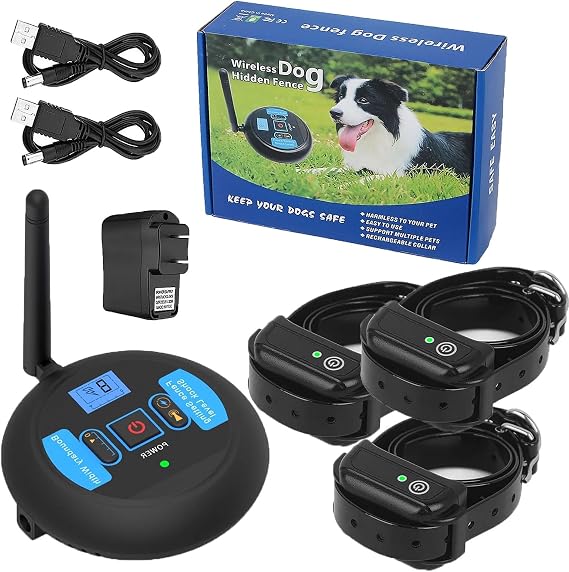 Electric Wireless Dog Fence Pet Boundary Containment System, w/Remote Waterproof Shock Training Collar, Adjustable Control Range, Safe Effective No Randomly Over Correction, for1 2 3 Dogs,fo